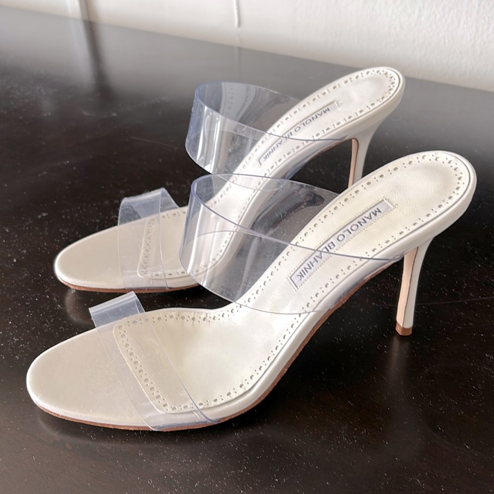 Never been worn Manila Blahnik heels Scolto Clear two band slide sandals